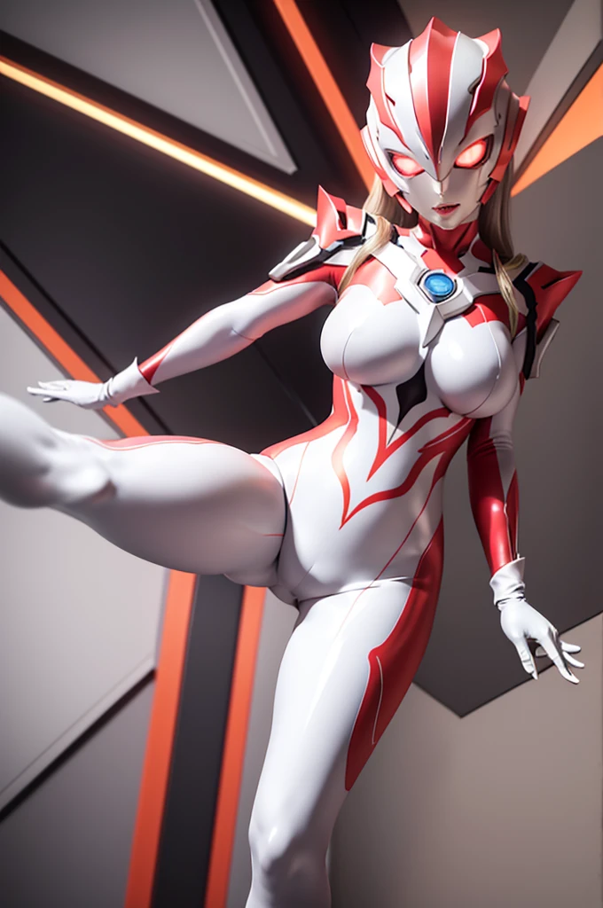 Ultraman Woman. （high quality）（luster）（Black and Pink thema color）（white helmet. White mask）women only, Big Breasts, long hair. The whole body is covered with a white bodysuit. Spike decoration. Red lines all over the body. dark background. Cameltoe. From below. Spread legs. show off groin. erected nipples. spread legs.