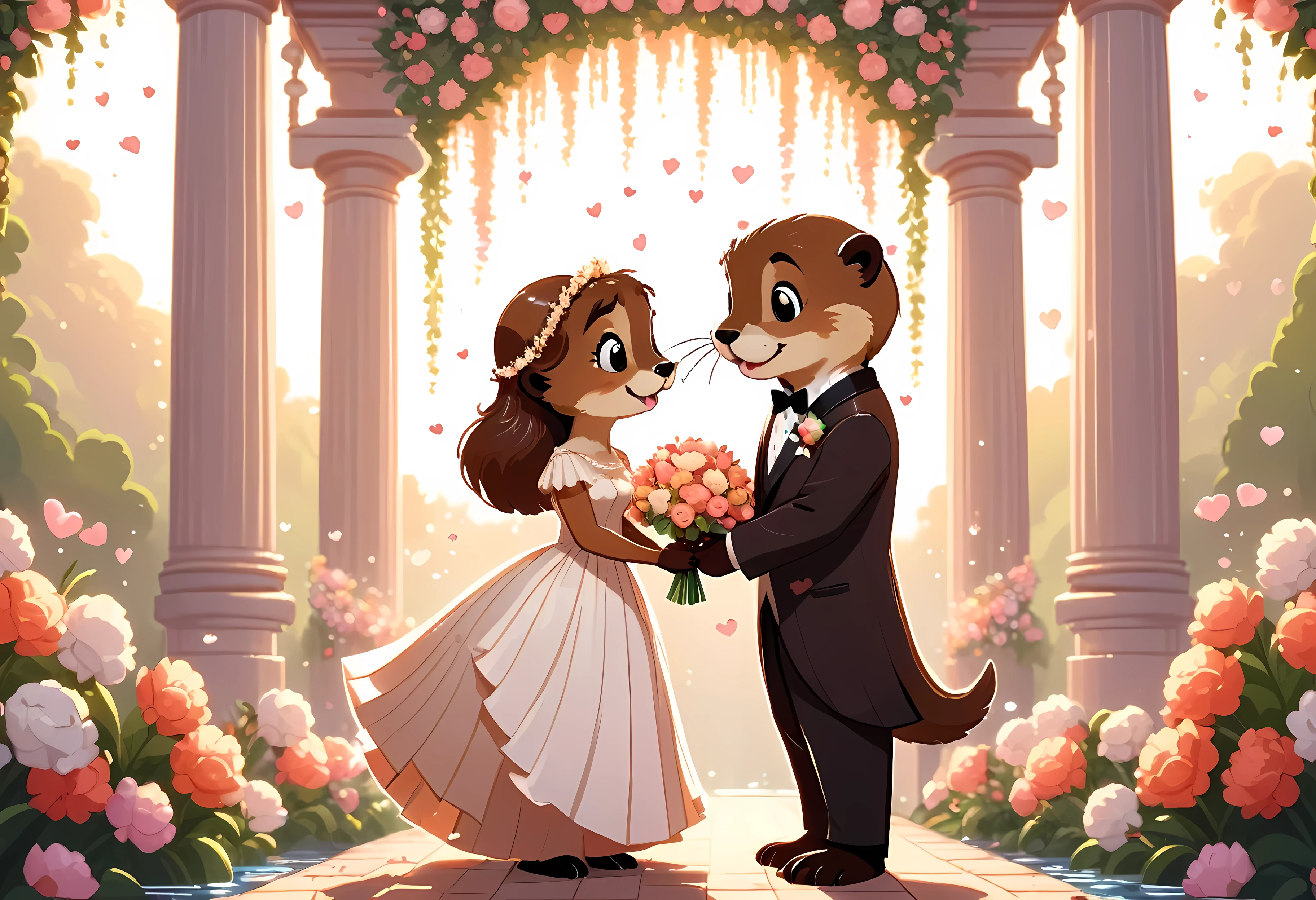 CuteCartoonAF, Cute Cartoon, cute cartoon pixel illustration, (masterpiece in maximum 16K resolution, superb quality, ultra detailed:1.3), side view of an otter love couple on the (classic wedding ceremony), (vintage outfit:1.4), (columns surrounded with flowers, floating petals), divine aura, serene romantic atmosphere.
