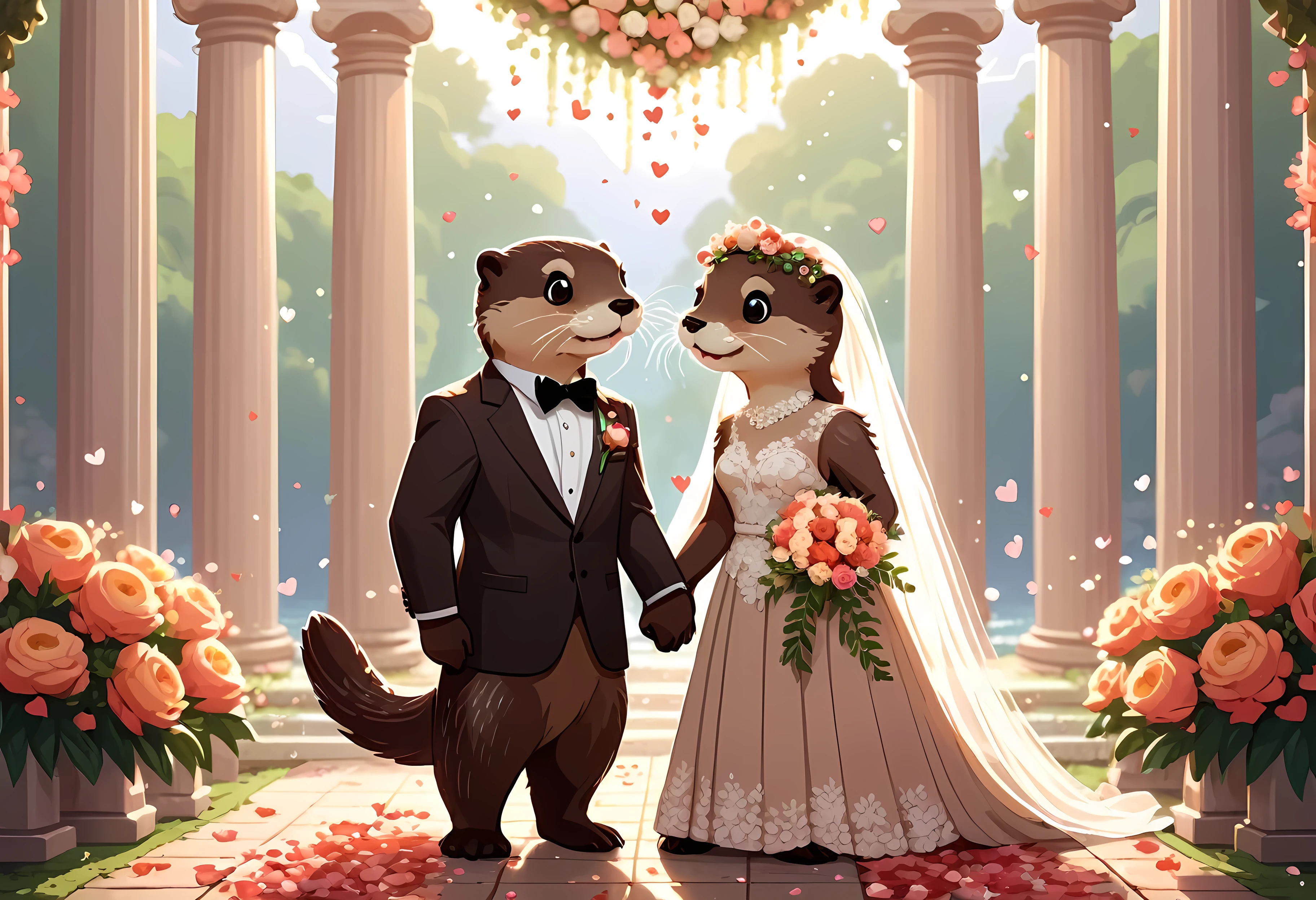 CuteCartoonAF, Cute Cartoon, cute cartoon pixel illustration, (masterpiece in maximum 16K resolution, superb quality, ultra detailed:1.3), side view of an otter love couple on the (classic wedding ceremony), (vintage outfit:1.4), (columns surrounded with flowers, floating petals), divine aura, serene romantic atmosphere.
