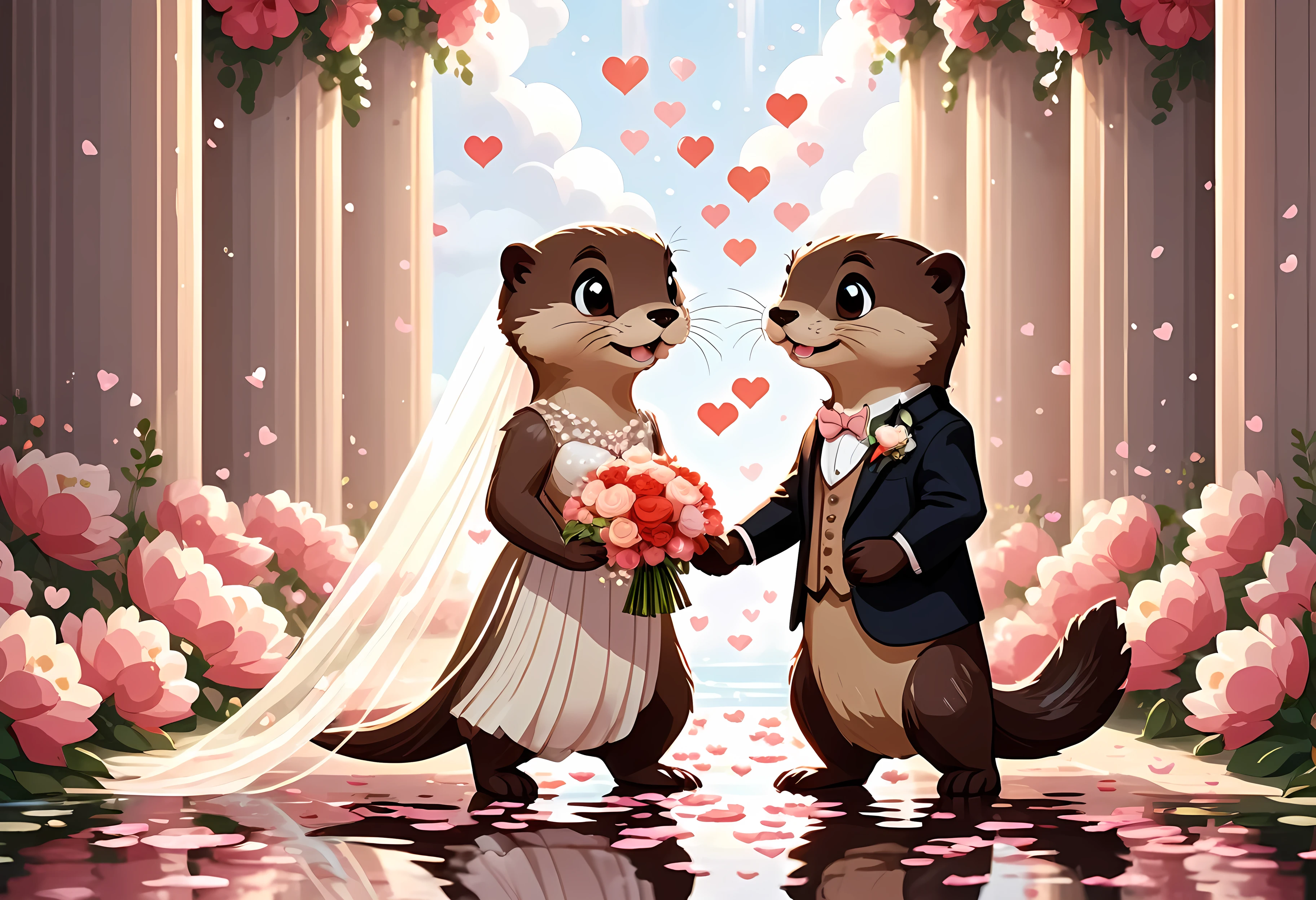 CuteCartoonAF, Cute Cartoon, cute cartoon pixel illustration, (masterpiece in maximum 16K resolution, superb quality, ultra detailed:1.3), side view of an otter love couple on the (classic wedding ceremony), (vintage outfit:1.4), (columns surrounded with flowers, floating petals), divine aura, serene romantic atmosphere.
