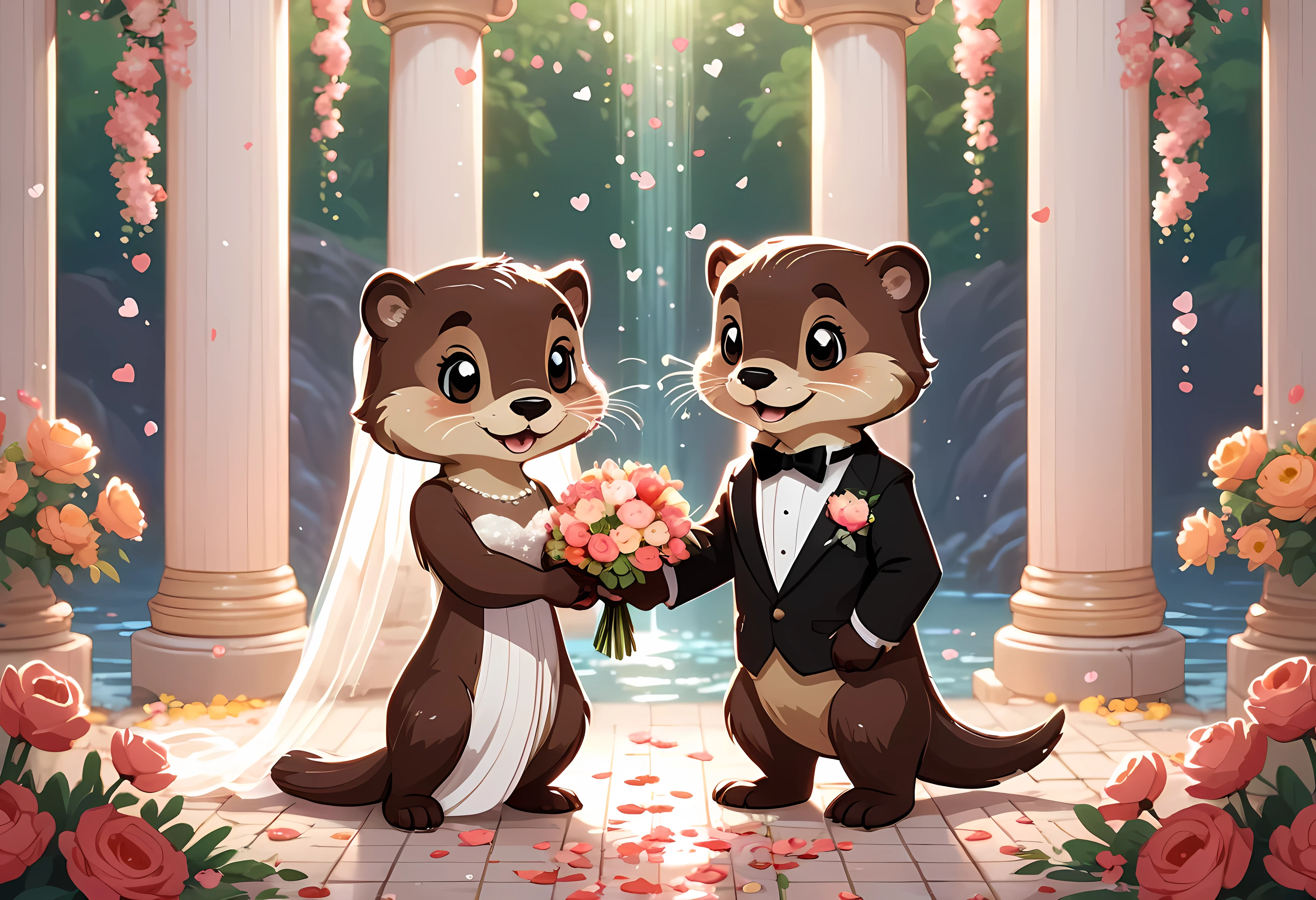 CuteCartoonAF, Cute Cartoon, cute cartoon pixel illustration, (masterpiece in maximum 16K resolution, superb quality, ultra detailed:1.3), side view of an otter love couple holding their paws on the (classic wedding ceremony), (vintage outfit:1.4), (columns surrounded with flowers, floating petals), divine aura, serene romantic atmosphere.
