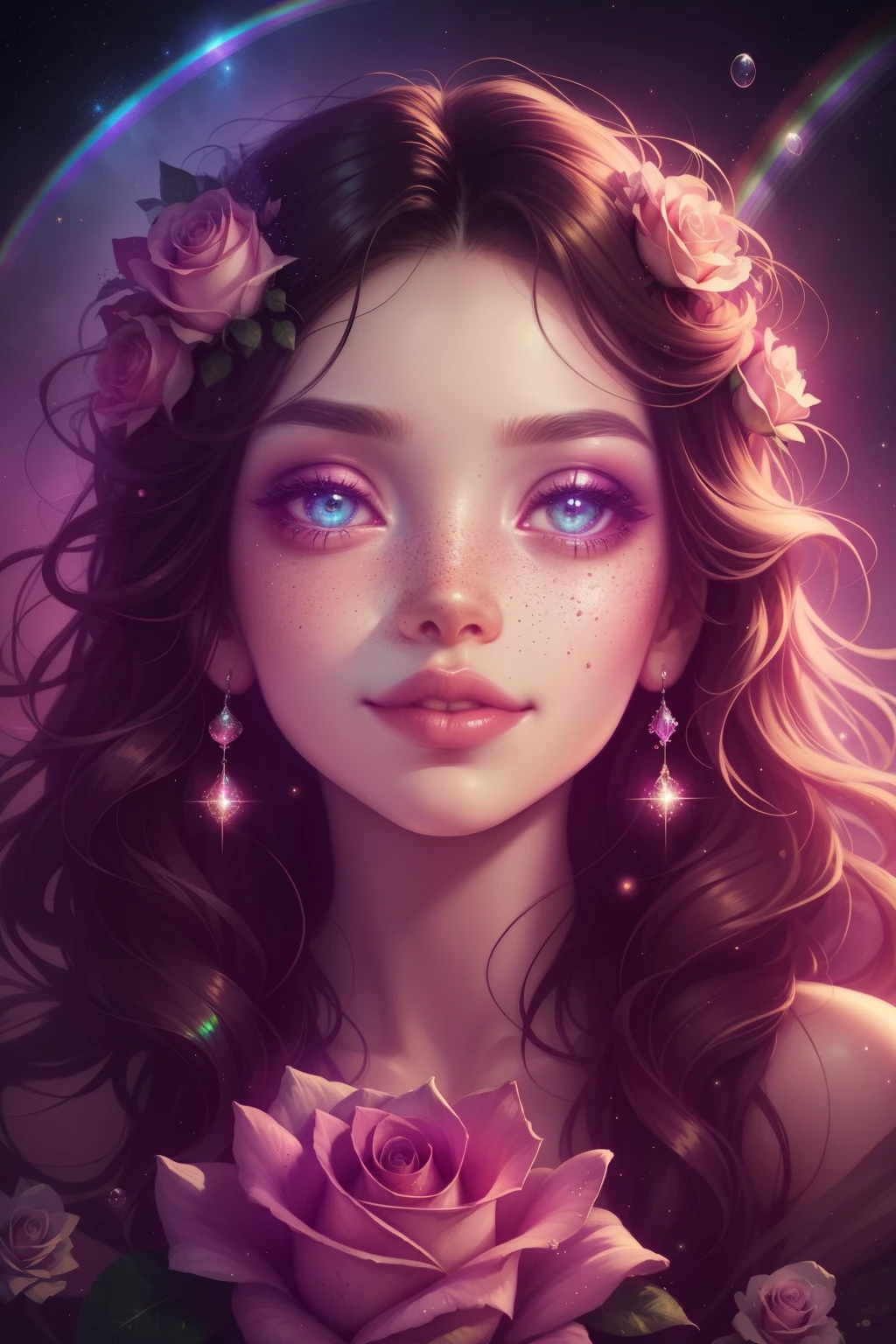 (This is a beautiful rainbow fantasy image that feels interesting and emphasizes glitter and iridescence.) Generate a ((blind)) curvy woman with colorful curly hair and milky eyes. Her face is important and is perfectly formed with puffy lips and perfect features. (Her eyes are critically important). The image exudes ethereal beauty and soft fantasy. Include sweet and detailed birds and soft, luminous flowers in all the colors of the rainbow. The image's background is decorated in shades of pink, shimmer, glitter, and fantasy details like colored bubbles and cosmos. Utilize dynamic composition to create a compelling and action-packed image. Dramatic lighting and cinematic lighting enhance the woman's beauty and the soft colors in the artwork. (((((Perspective: head on.))))) Include fantasy, cute, colorful, colourful, interesting magic background, (smirking), ((birthmark on lip)), ((pretty lips)), beautiful background, complex background, sweet background, (((rainbow))), subtle freckles, natural freckles, Surround her with eternal roses in shimmering shades. Add whimsical details like stars, bubbles, and glitter for an enchanting touch. Ensure perfection in her face, hair, and eyes. Incorporate elements of high fantasy, whimsy, and detailed elegance. English rose, princess, courtesan, noblewoman, sweet, lovely, calm, lovely, shimmering, glimmering, glittering, astrological fantasy, (((masterpiece))), (highest quality), magic rose, fantasy garden, beautiful face, perfect face, puffy lips, interesting, shy smile, fantasy elements, magic rose, beautiful eyes, perfect puffy lips, jewel tones, luminosity