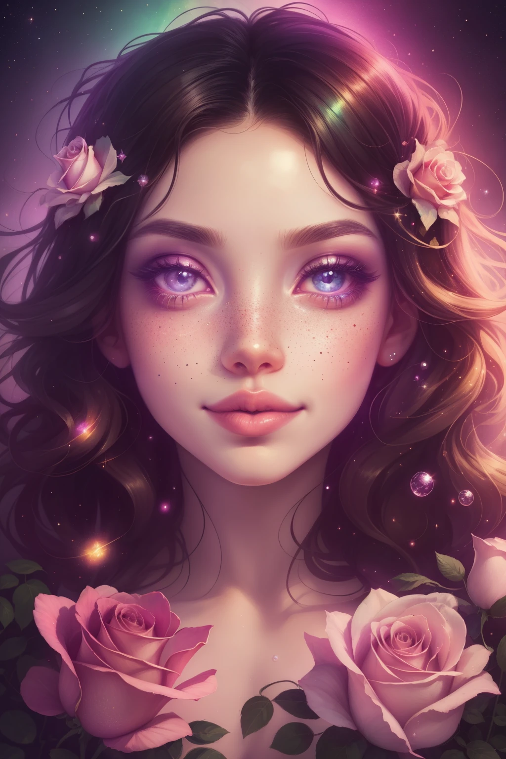 (This is a beautiful rainbow fantasy image that feels interesting and emphasizes glitter and iridescence.) Generate a ((blind)) curvy woman with colorful curly hair and milky eyes. Her face is important and is perfectly formed with puffy lips and perfect features. (Her eyes are critically important). The image exudes ethereal beauty and soft fantasy. Include sweet and detailed birds and soft, luminous flowers in all the colors of the rainbow. The image's background is decorated in shades of pink, shimmer, glitter, and fantasy details like colored bubbles and cosmos. Utilize dynamic composition to create a compelling and action-packed image. Dramatic lighting and cinematic lighting enhance the woman's beauty and the soft colors in the artwork. (((((Perspective: head on.))))) Include fantasy, cute, colorful, colourful, interesting magic background, (smirking), ((birthmark on lip)), ((pretty lips)), beautiful background, complex background, sweet background, (((rainbow))), subtle freckles, natural freckles, Surround her with eternal roses in shimmering shades. Add whimsical details like stars, bubbles, and glitter for an enchanting touch. Ensure perfection in her face, hair, and eyes. Incorporate elements of high fantasy, whimsy, and detailed elegance. English rose, princess, courtesan, noblewoman, sweet, lovely, calm, lovely, shimmering, glimmering, glittering, astrological fantasy, (((masterpiece))), (highest quality), magic rose, fantasy garden, beautiful face, perfect face, puffy lips, interesting, shy smile, fantasy elements, magic rose, beautiful eyes, perfect puffy lips, jewel tones, luminosity