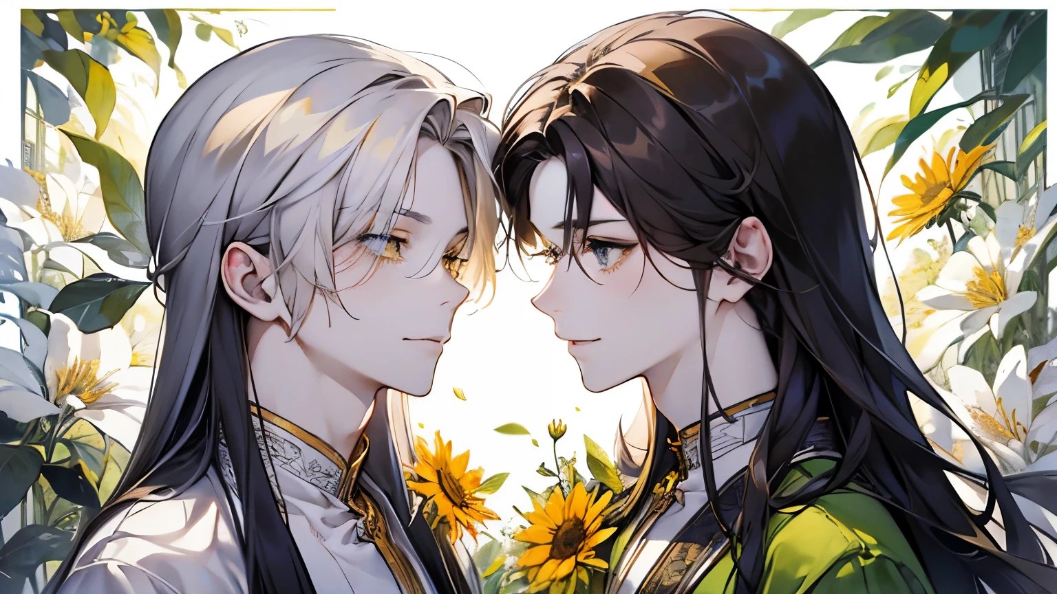 (old male:1.45)、(Two men facing each other:1.3)、(masterpiece、highest quality、highest quality、Beautiful and beautiful:1.2)、(Good anatomy:1.5)、Painting of a male with milky blonde long hair、(long hair:1.4)、Shy smile、Sparkling Eyes、dark eyes、looking at the camera、Emerging from among the flowers and leaves、(sunny days:1.45)、(Lightgreen、yellow、black:1.2)、(Chinese concept:1.25)、A gentle smile