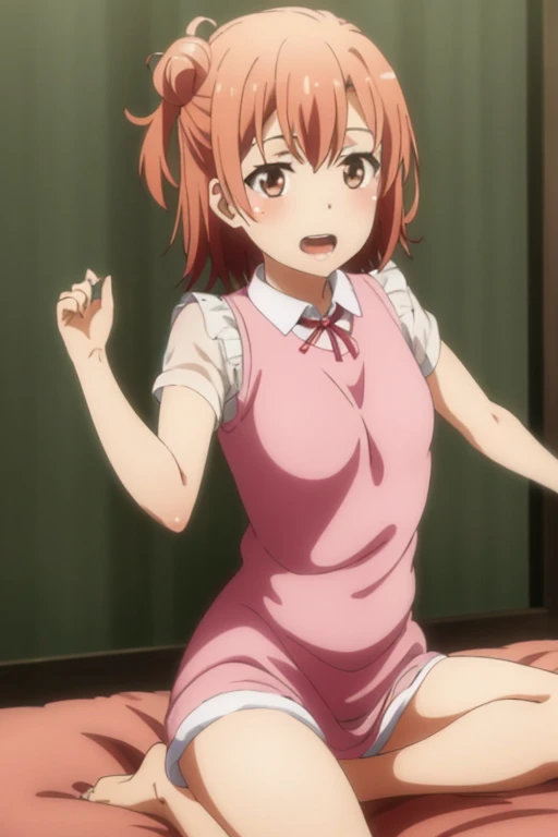 ((highest quality)), ((masterpiece)), (be familiar with), Perfect Face, indoor, Bedroom, Watching the audience,
One woman, Yuigahama Yui,
Open Mouth, Ecstatic expression, blush, smile,
Small breasts, Flat Chest, Young Girl, , , Girl,
Short Hair, Salmon-colored hair, Salmon-colored eyes, Side Pony,
Leg spread,