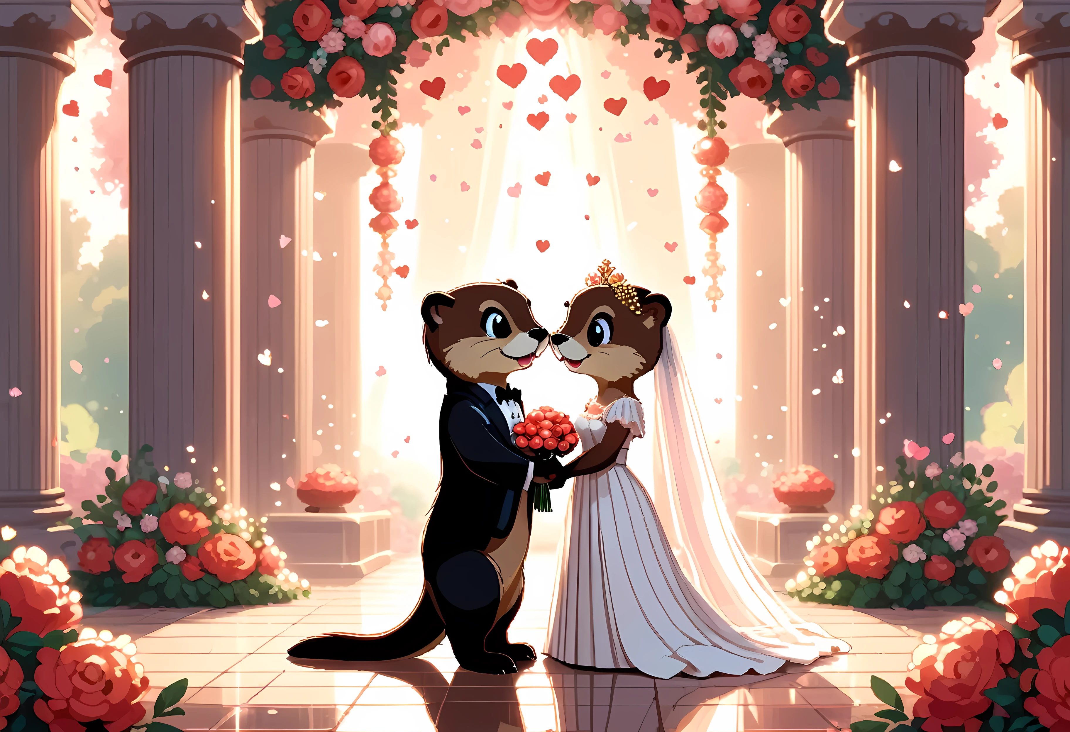 CuteCartoonAF, Cute Cartoon, cute cartoon pixel illustration, (masterpiece in maximum 16K resolution, superb quality, ultra detailed:1.3), side view of an otter love couple on the (classic wedding ceremony), (vintage outfit:1.4), (columns surrounded with flowers, floating petals), divine aura, serene romantic atmosphere.
