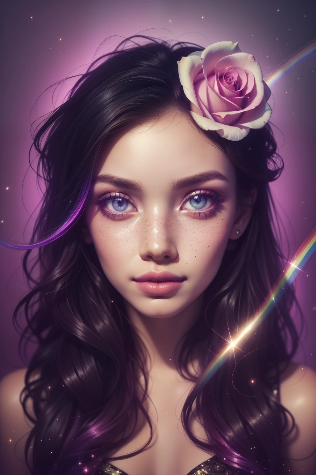 (This is a beautiful rainbow fantasy image that feels interesting and emphasizes glitter and iridescence.) Generate a ((blind)) curvy woman with colorful curly hair and milky eyes. Her face is important and is perfectly formed with puffy lips and perfect features. (Her eyes are critically important). The image exudes ethereal beauty and soft fantasy. Include sweet and detailed birds and soft, luminous flowers in all the colors of the rainbow. The image's background is decorated in shades of pink, shimmer, glitter, and fantasy details like colored bubbles and cosmos. Utilize dynamic composition to create a compelling and action-packed image. Dramatic lighting and cinematic lighting enhance the woman's beauty and the soft colors in the artwork. (((((Perspective: head on.))))) Include fantasy, cute, colorful, colourful, interesting magic background, (smirking), ((birthmark on lip)), ((pretty lips)), beautiful background, complex background, sweet background, (((rainbow))), subtle freckles, natural freckles, Surround her with eternal roses in shimmering shades. Add whimsical details like stars, bubbles, and glitter for an enchanting touch. Ensure perfection in her face, hair, and eyes. Incorporate elements of high fantasy, whimsy, and detailed elegance. English rose, princess, courtesan, noblewoman, sweet, lovely, calm, lovely, shimmering, glimmering, glittering, astrological fantasy, (((masterpiece))), (highest quality), magic rose, fantasy garden, beautiful face, perfect face, puffy lips, interesting, shy smile, fantasy elements, magic rose, beautiful eyes, perfect puffy lips, jewel tones, luminosity