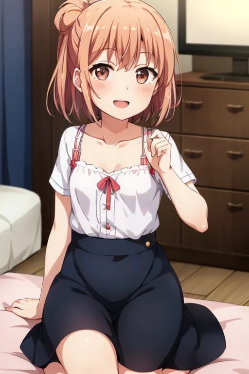 ((highest quality)), ((masterpiece)), (be familiar with), Perfect Face, indoor, Bedroom, Watching the audience,
One woman, Yuigahama Yui,
Open Mouth, Ecstatic expression, blush, smile,
Small breasts, Flat Chest, Young Girl, , , Girl,
Short Hair, Salmon-colored hair, Salmon-colored eyes, Side Pony,
Leg spread,