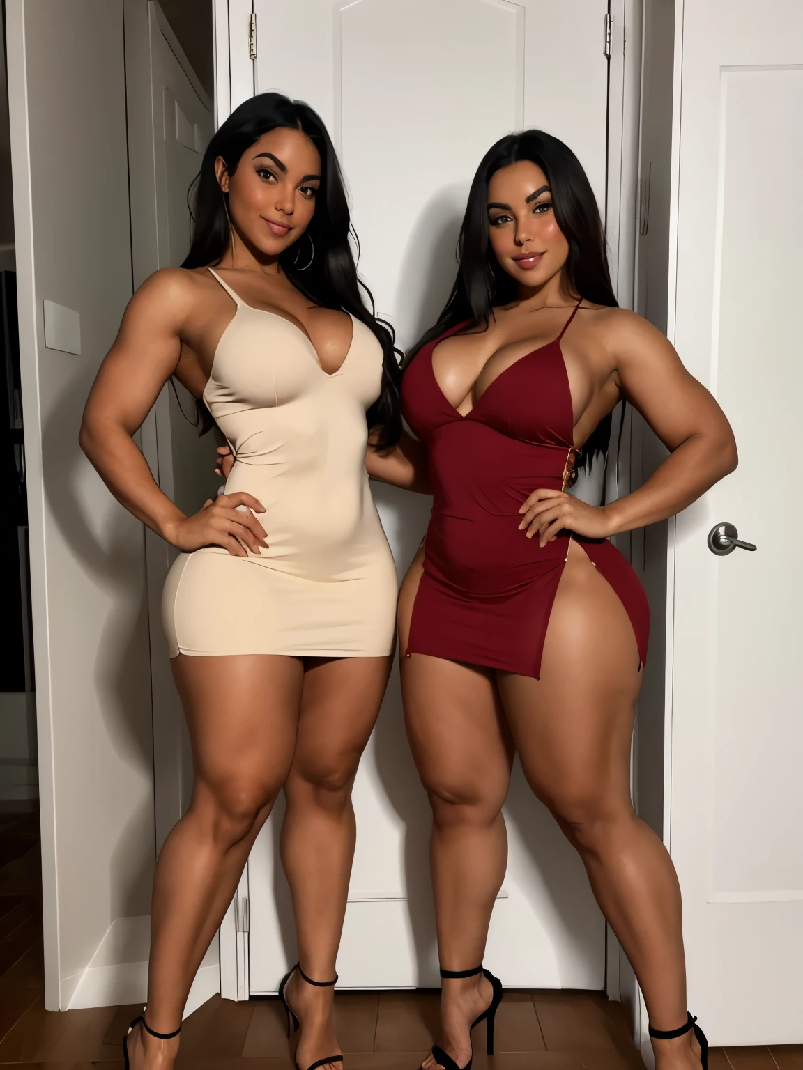  Thick tanned fit brunette woman, with taller fit thick blonde bodybuilder woman, in thigh revealing split dress, and heels, super thick muscular shapely legs. Full body shot. Holding each other, lets wrestle, height difference