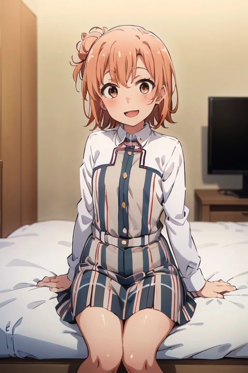 ((highest quality)), ((masterpiece)), (be familiar with), Perfect Face, indoor, Bedroom, Watching the audience,
One woman, Yuigahama Yui,
Open Mouth, Ecstatic expression, blush, smile,
Small breasts, Flat Chest, Young Girl, , , Girl,
Short Hair, Salmon-colored hair, Salmon-colored eyes, Side Pony,
Leg spread,