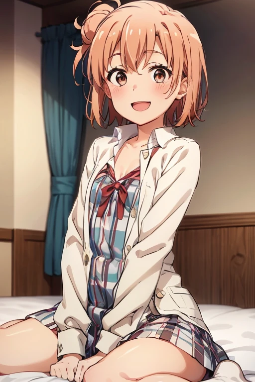 ((highest quality)), ((masterpiece)), (be familiar with), Perfect Face, indoor, Bedroom, Watching the audience,
One woman, Yuigahama Yui,
Open Mouth, Ecstatic expression, blush, smile,
Small breasts, Flat Chest, Young Girl, , , Girl,
Short Hair, Salmon-colored hair, Salmon-colored eyes, Side Pony,
Leg spread,