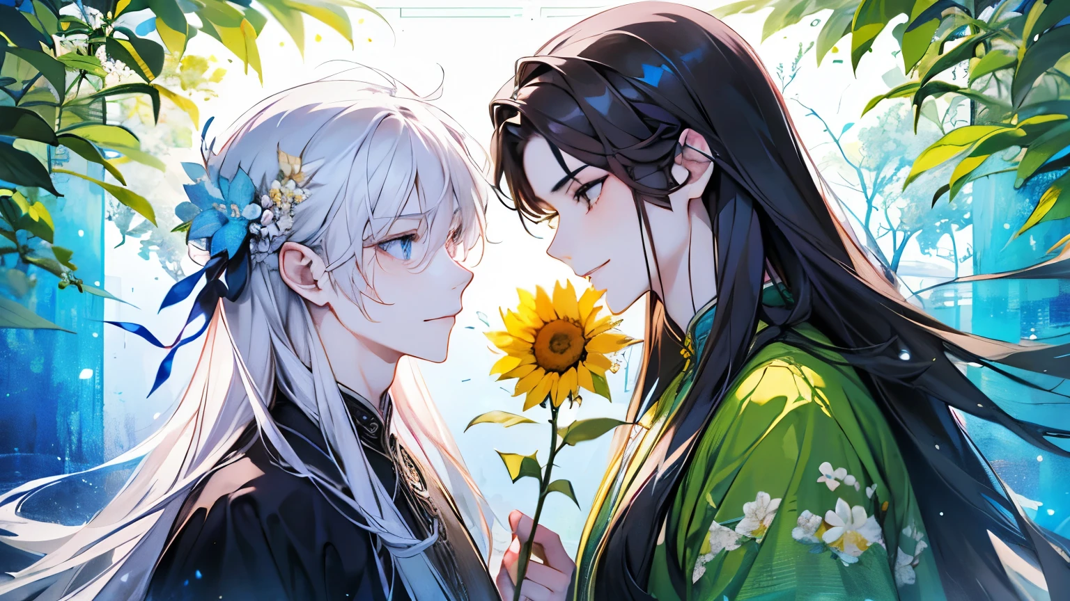 (old male:1.45)、(Two men facing each other:1.3)、(masterpiece、highest quality、highest quality、Beautiful and beautiful:1.2)、(Good anatomy:1.5)、Painting of a male with milky blonde long hair、(long hair:1.4)、Shy smile、Sparkling Eyes、dark eyes、looking at the camera、Emerging from among the flowers and leaves、(sunny days:1.45)、(Lightgreen、yellow、Blue、pink、black:1.2)、(Chinese concept:1.25)、A gentle smile