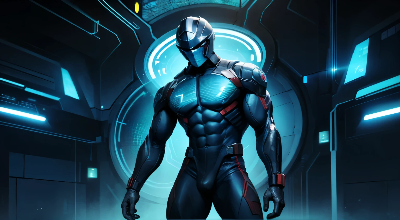 brainwashing, male, programming, super soldier experimentation, muscle growth, hypnotic visor, spirals, half-naked, helmet, submerged in amniotic tank, tube connected to body parts, electro shock, spread eagle standing position