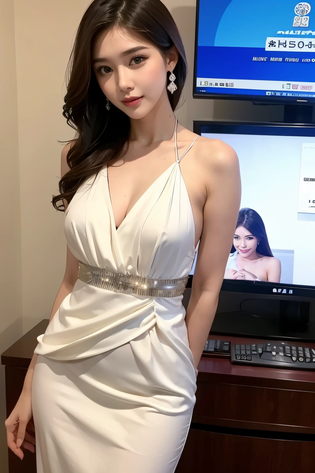 As model, A beautiful woman presenting the news wearing a gorgeous and elegant dress., announcer, Random Actions,