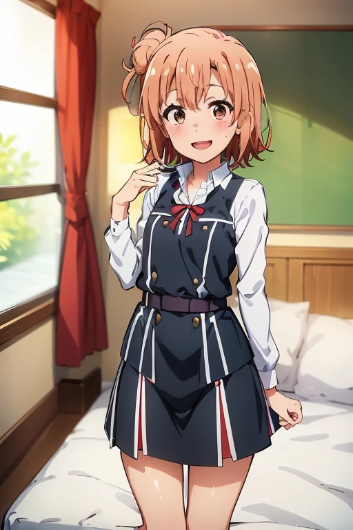 ((highest quality)), ((masterpiece)), (be familiar with), Perfect Face, indoor, Bedroom, Watching the audience,
One woman, Yuigahama Yui,
Open Mouth, Ecstatic expression, blush, smile,
Small breasts, Flat Chest, Young Girl, , , Girl,
Short Hair, Salmon-colored hair, Salmon-colored eyes, Side Pony,
Leg spread,