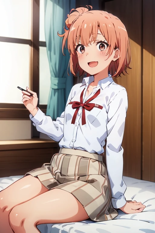 ((highest quality)), ((masterpiece)), (be familiar with), Perfect Face, indoor, Bedroom, Watching the audience,
One woman, Yuigahama Yui,
Open Mouth, Ecstatic expression, blush, smile,
Small breasts, Flat Chest, Young Girl, , , Girl,
Short Hair, Salmon-colored hair, Salmon-colored eyes, Side Pony,
Leg spread,