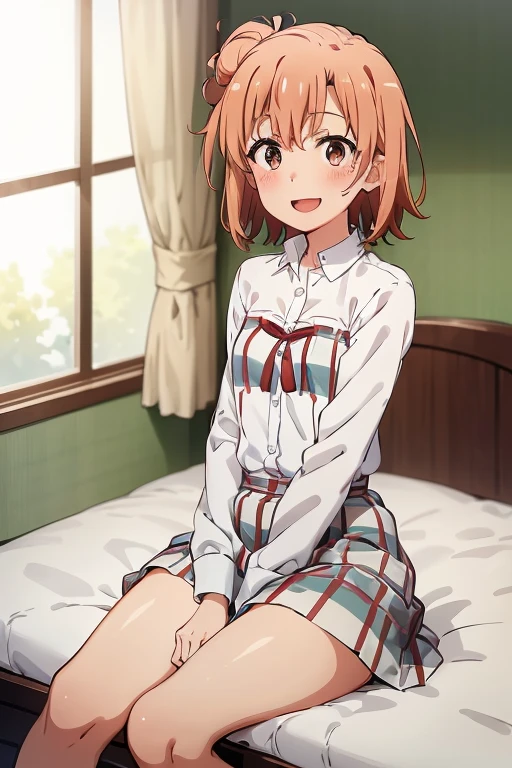 ((highest quality)), ((masterpiece)), (be familiar with), Perfect Face, indoor, Bedroom, Watching the audience,
One woman, Yuigahama Yui,
Open Mouth, Ecstatic expression, blush, smile,
Small breasts, Flat Chest, Young Girl, , , Girl,
Short Hair, Salmon-colored hair, Salmon-colored eyes, Side Pony,
Leg spread,