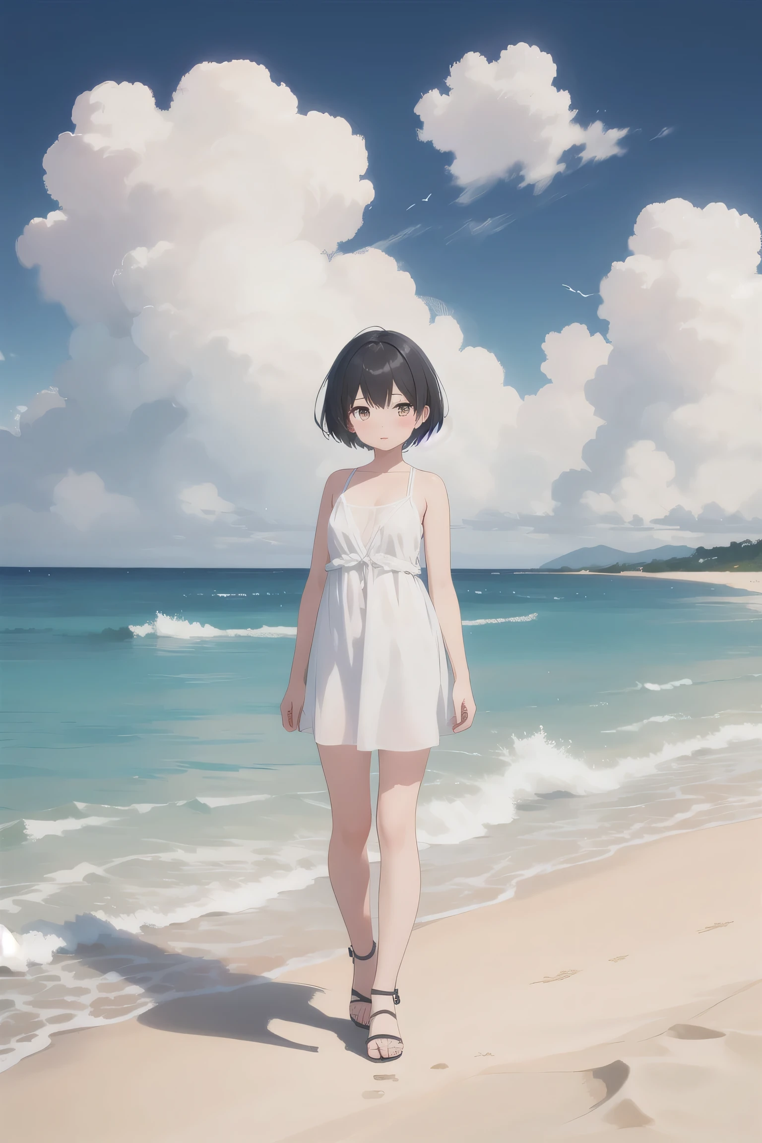 1girl short hair ,beach  ,sky, day, cloud,