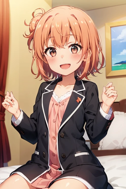 ((highest quality)), ((masterpiece)), (be familiar with), Perfect Face, indoor, Bedroom, Watching the audience,
One woman, Yuigahama Yui,
Open Mouth, Ecstatic expression, blush, smile,
Small breasts, Flat Chest, Young Girl, , , Girl,
Short Hair, Salmon-colored hair, Salmon-colored eyes, Side Pony,
Leg spread,