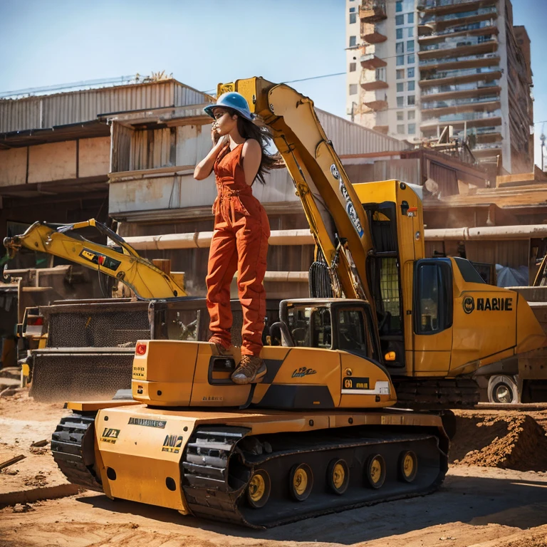  masterpiece, highres, extreme detailed, 1girl, beautiful, (Demi Rose Mawby), photographed by Guy Aroch, realistic, photography, working as a construction worker in city in Southern Texas, heavy construction equipment around on site, day, sunlight, directional lighting, Kodachrome film used for photography, analog photography, high quality textures, 