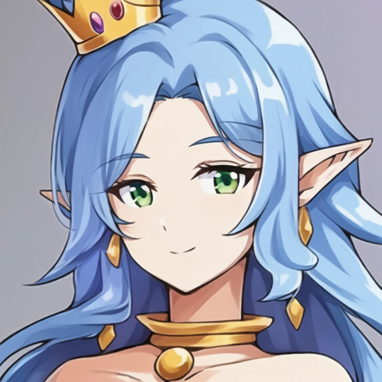 (masterpiece, best quality:1.2), 1girl, solo,blue hair, curly hair, long hair, crown, bead necklace, green eyes, earrings, pointy ears,parted bangs