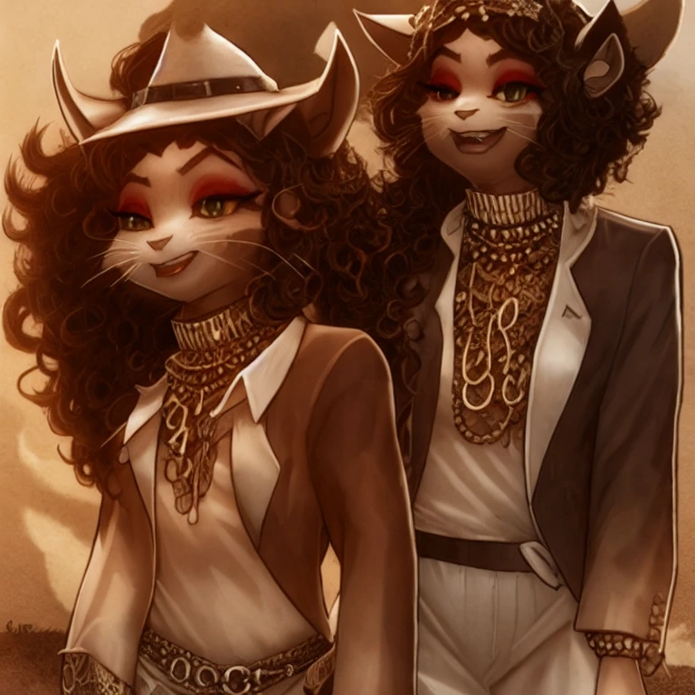 1girl, furry, solo, furry_female, pants, jewelry, tail, animal_ears, necklace, jacket, holding, black_hair, earrings, headband, long_sleeves, shirt, long_hair, yellow_eyes, standing, closed_mouth, white_pants, white_jacket, looking_at_viewer, open_clothes, formal, cowboy_shot, open_jacket, curly_hair, english_text, smile