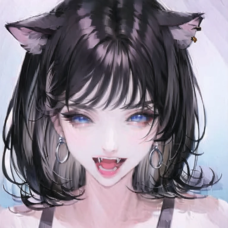 (masterpiece, best quality:1.2), 1girl, solo, a black hair girl, cat ear accessory, earring,  beautiful eyes, long eyelashes, long eyeliner, open mouth, fangs, mischievous facial expression, pretty, beautiful, energetic, splendid, ethereal, detailed background, soft light