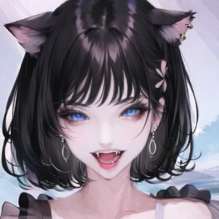 (masterpiece, best quality:1.2), 1girl, solo, a black hair girl, cat ear accessory, earring, beautiful eyes, long eyelashes, long eyeliner, open mouth, fangs, mischievous facial expression, pretty, beautiful, energetic, splendid, ethereal, detailed background, soft light