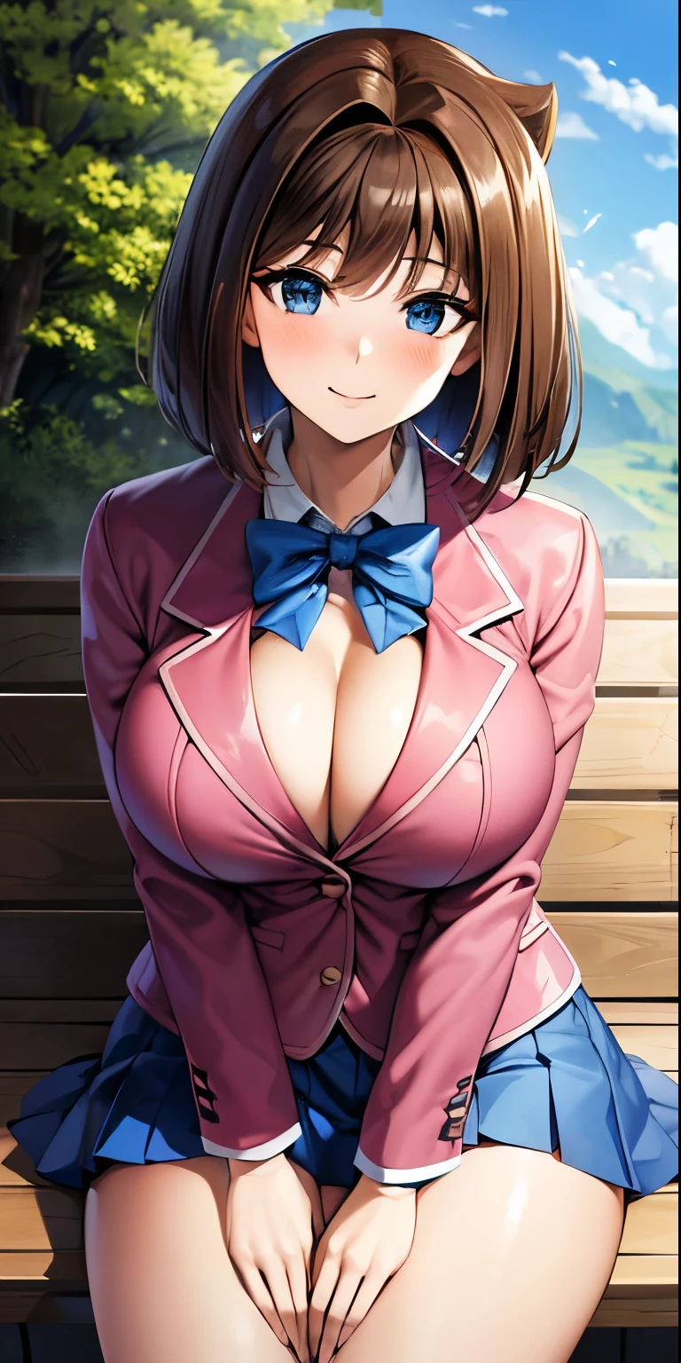 masterpiece, best quality, highres, aamazaki, (antenna hair:1.2), medium breasts, blue bowtie, pink jacket, blazer, long sleeves, blue skirt, pleated skirt, outdoors, cowboy shot, sitting, smile, waving, cleavage,blush,nipples, big tits,show tits