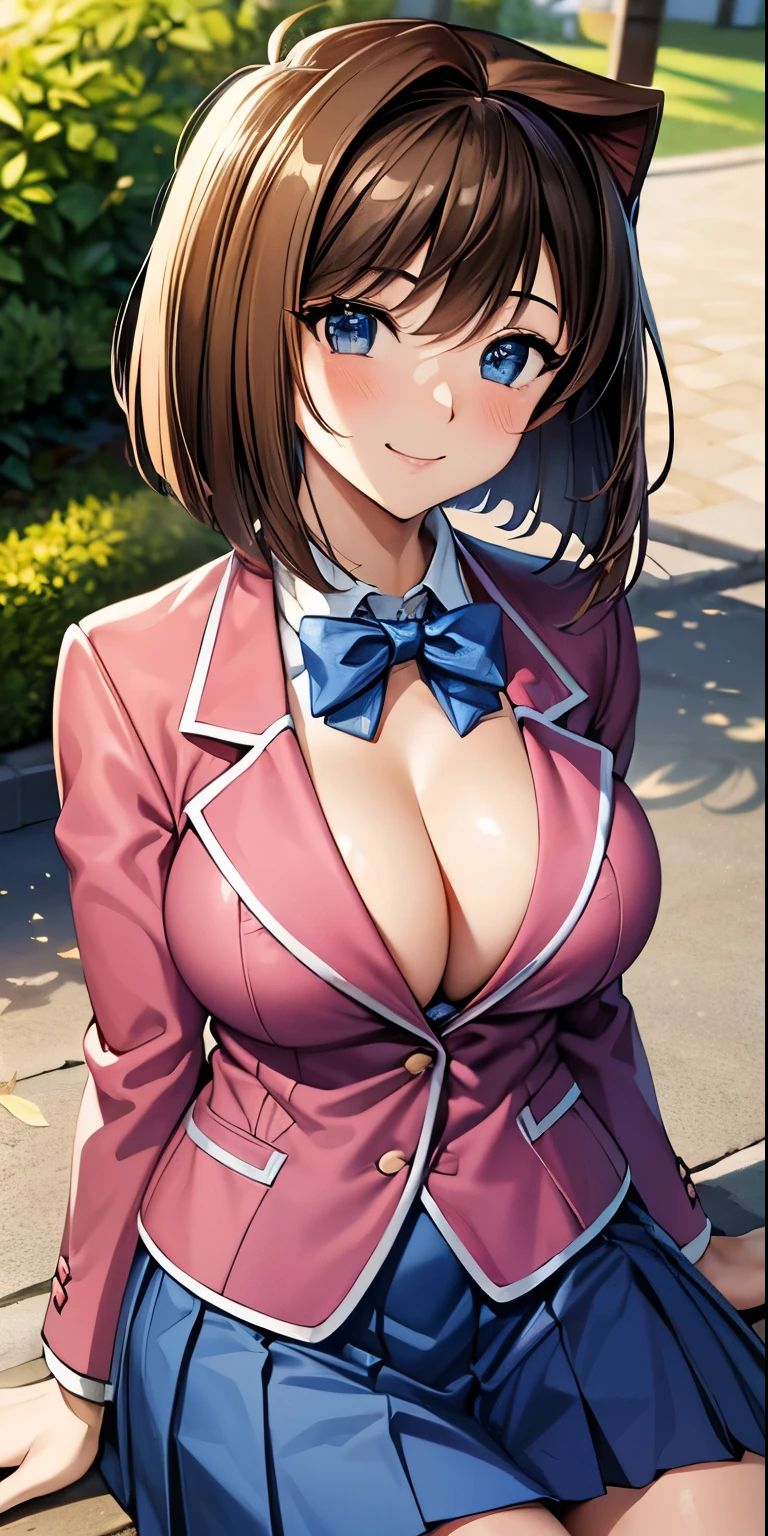 masterpiece, best quality, highres, aamazaki, (antenna hair:1.2), medium breasts, blue bowtie, pink jacket, blazer, long sleeves, blue skirt, pleated skirt, outdoors, cowboy shot, sitting, smile, waving, cleavage,blush,nipples, big tits,show tits