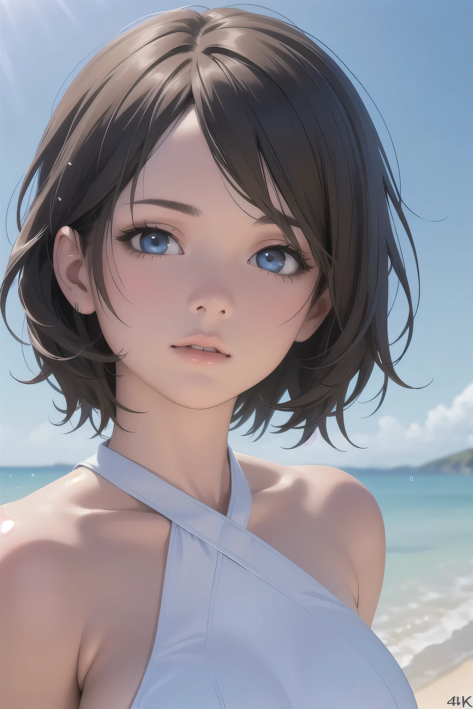 1girl with short brown hair, beautiful detailed eyes, beautiful detailed lips, extremely detailed face and skin, standing on a sandy beach, ocean waves in the background, clear blue sky with fluffy white clouds, sunlight shining, (best quality,4k,8k,highres,masterpiece:1.2),ultra-detailed,(realistic,photorealistic,photo-realistic:1.37),cinematic lighting,vibrant colors,serene landscape,natural setting