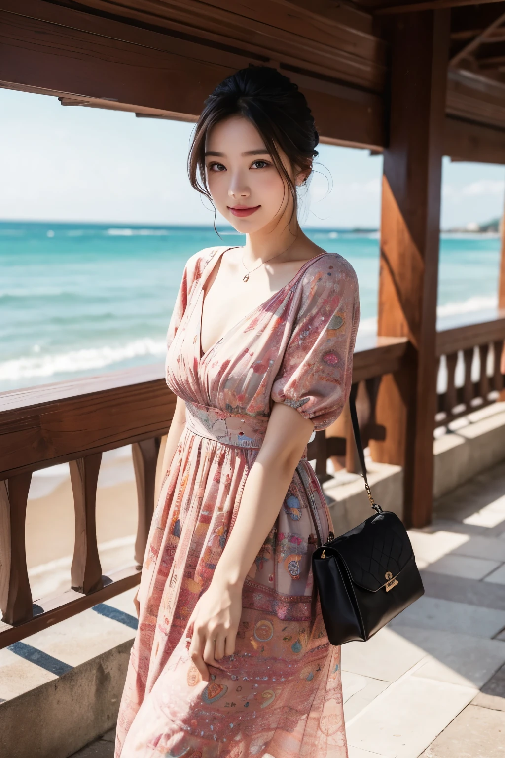 A beautiful woman who enjoys traveling wearing a colorful and elegant dress, Random Actions,