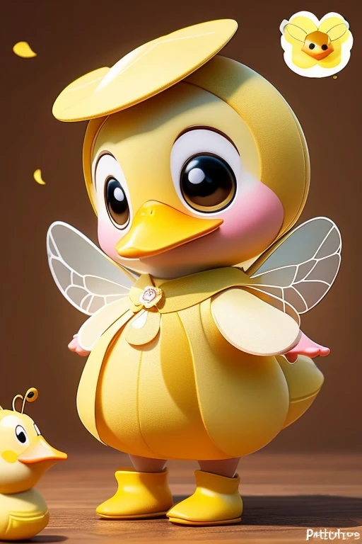 Create a picture of a beautiful baby duck dressed as a bee. put the name: "Patytos de Layme" in 3D