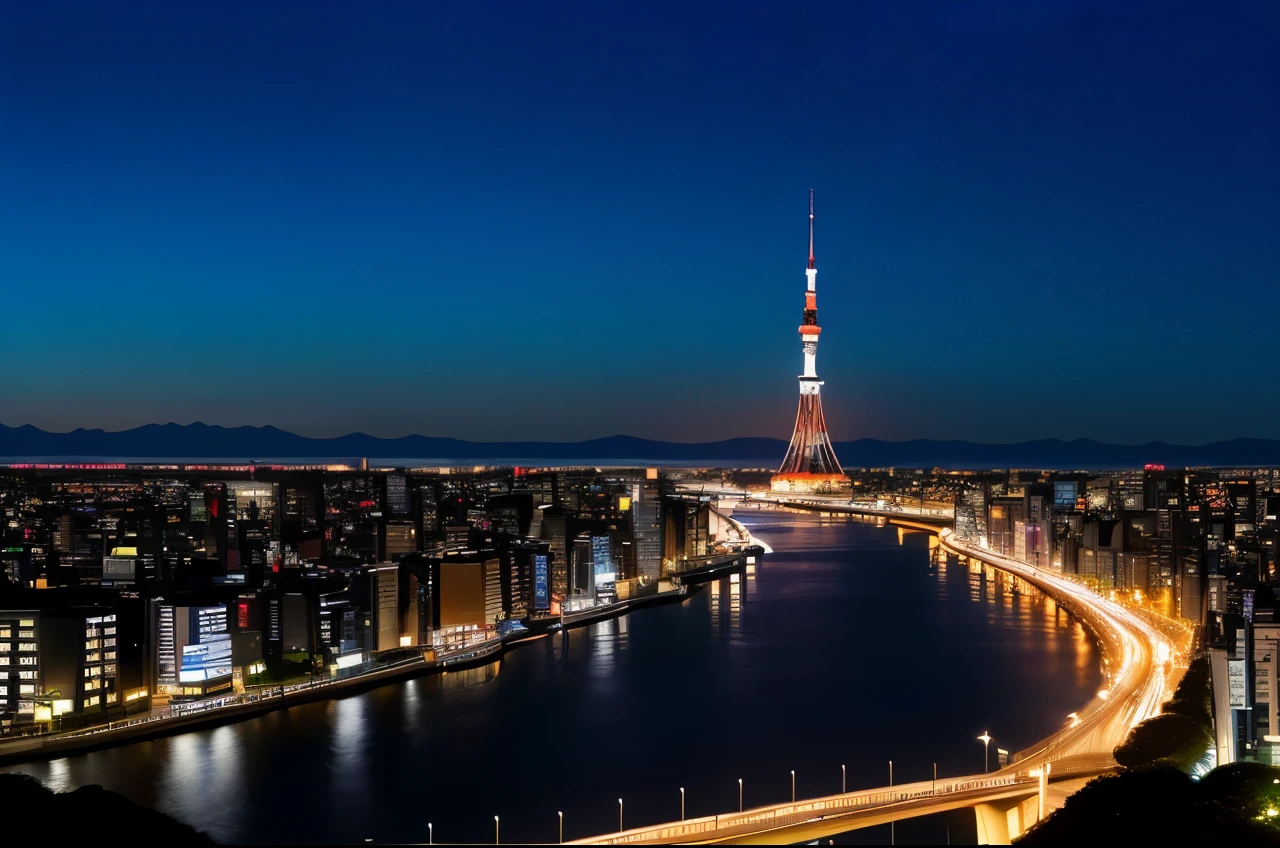 Sumida River in Tokyo、arafed view of a city skyline with a river and a bridge, Tokyo city in the background, new tokyo, like that, Tokyo at night, modern tokyo,Tokyo prefecture, Tokyo in the background, in Tokyo at night, Japanese cities, Bright daytime Tokyo、You can see Tokyo Tower、highest quality、Masterpiece