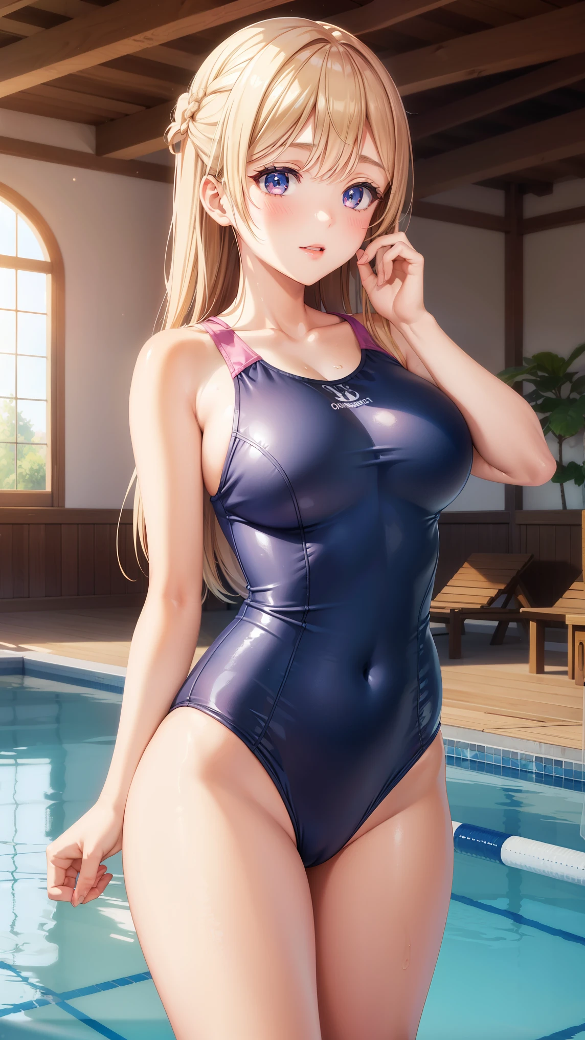 1girl, natural lighting, masterpiece, highly detailed, illustration, game CG, absurdres, high quality, beautiful detailed eyes, glossy lips, natural lighting, medium breasts, klaudia valentz, blush, school, one-piece swimsuit, indoor pool