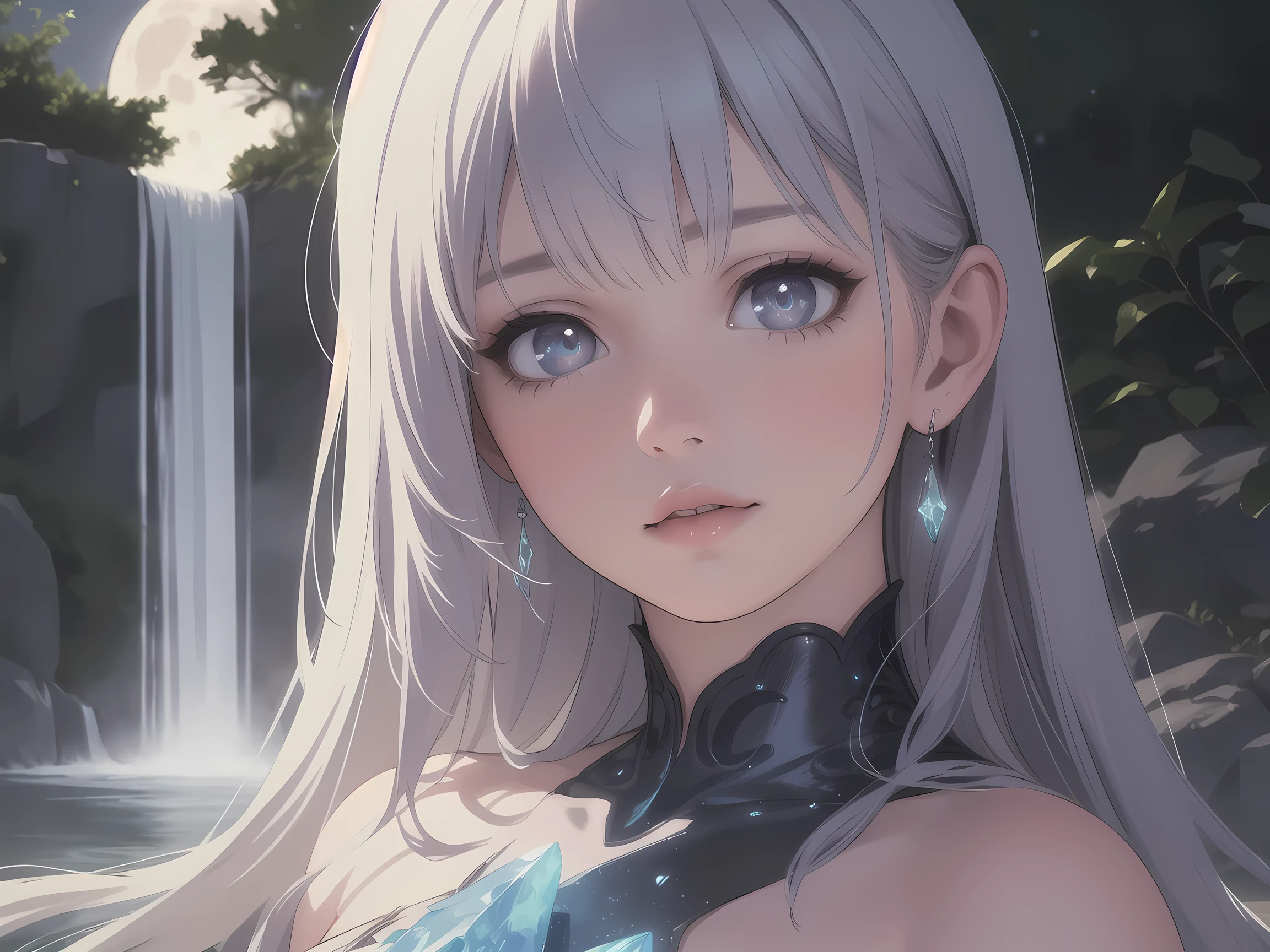 a woman sitting near a waterfall on a full moon night, magical crystal world, sparkling glittering glowing particles in the air, soft bluish glow, (best quality,4k,8k,highres,masterpiece:1.2),ultra-detailed,(realistic,photorealistic,photo-realistic:1.37),detailed eyes,detailed lips,extremely detailed face,longeyelashes,fantasy,ethereal,cinematic lighting,vivid colors,intricate details,serene atmosphere