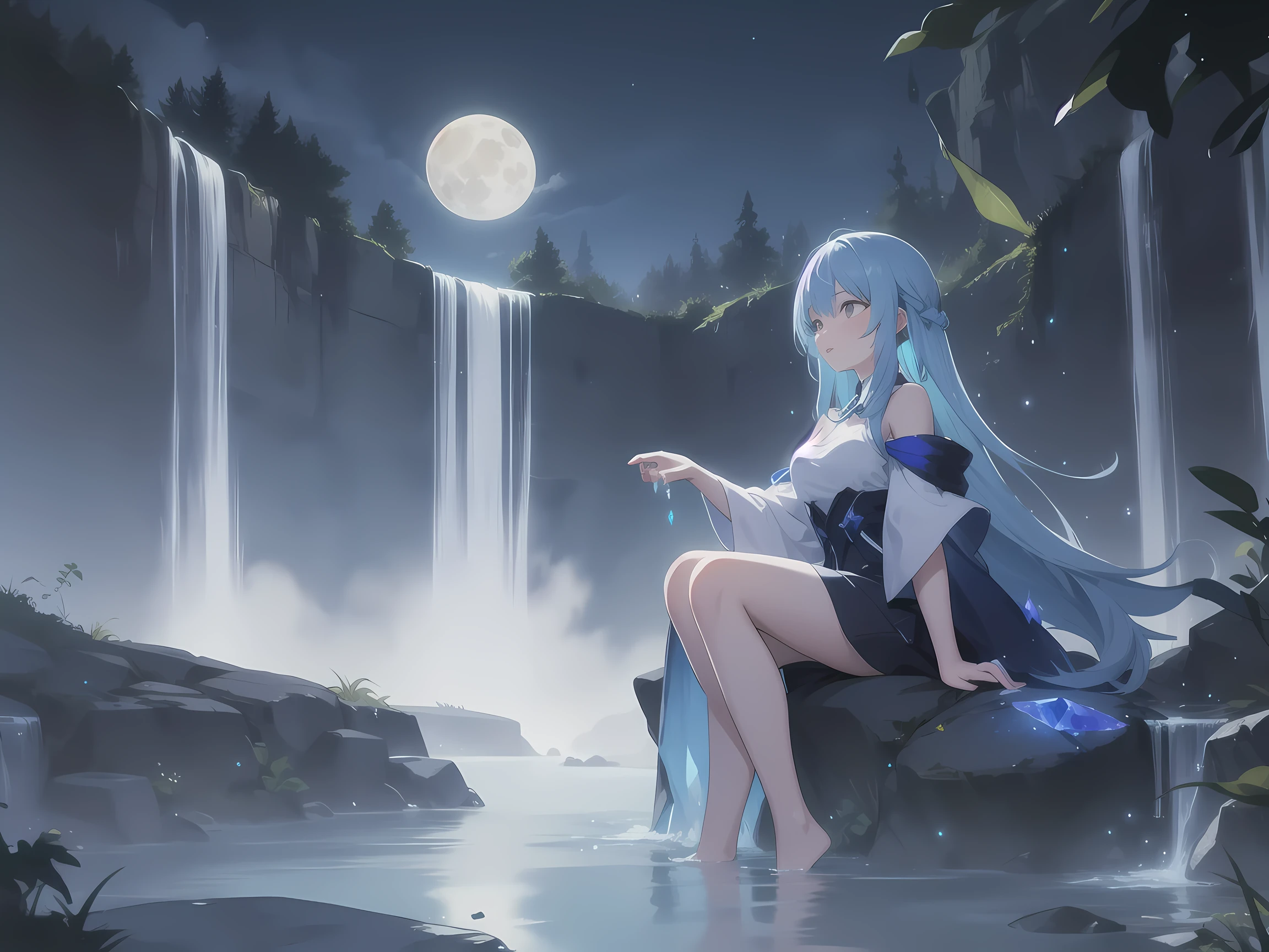 in a magical crystal world , a woman is sitting near a waterfall on a full moon night , sparkling and glittering glowing particles in the air , soft bluish glow

