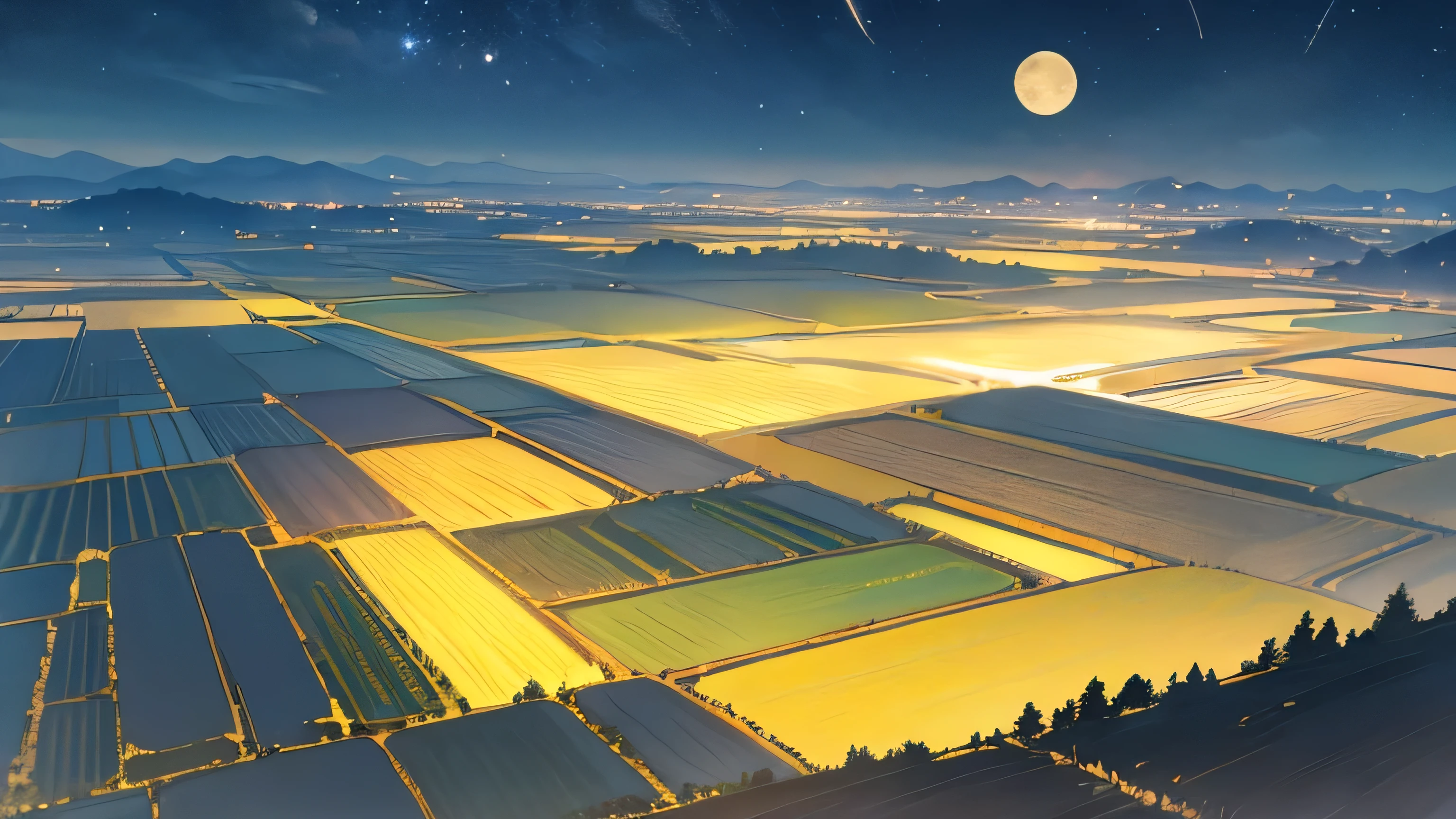 An empty landscape、Fairytale scenery、Anime Style、Pastel tones、Golden rice fields in Japan、The moonlight is beautiful in the middle of the night、
