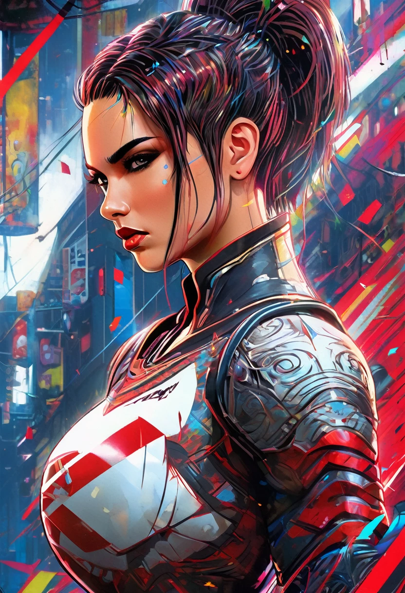 CG K ultrarrealista ,((de primera calidad、8k、32K、Obra maestra、nffsw:1.3)), (superfine illustration)、(super high resolution), (((cuerpo adulto))), (((1 chica en))), ((( bob de pelo corto ))), 25 year old cyberpunk gladiator with perfect body, Hombreras con espinas de metal., Gladiadores in Brooklyn, (( bob de pelo corto )), Camiseta del equipo de rugby rota, Casi desnudo al estilo urbano salvaje de Simon Bisley, pelo rubio corto, ropa minima, Metallic protection on the left arm with complex graphics..., Rojo oscuro con estrellas blancas y rayas azules y blancas.,(( dynamic action pose:1.5)), armadura, Lleno de puntas y remaches., Tatuaje de veneno (((Imagen desde la rodilla hacia arriba))), pelo rubio blanco corto, En el fondo、 There is a wall with an intricate design painted by Shepard Fairey...