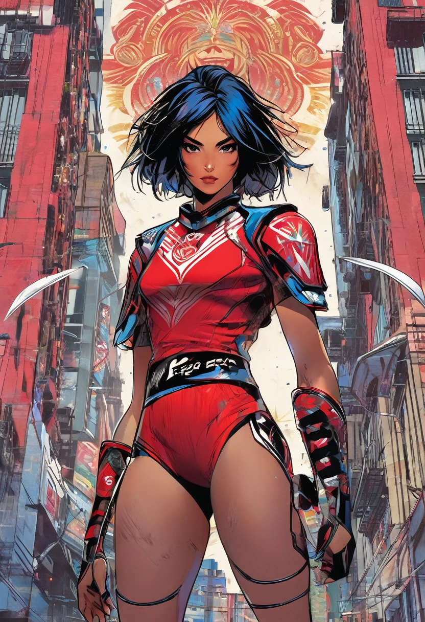 CG K ultrarrealista ,((de primera calidad、8k、32K、Obra maestra、nffsw:1.3)), (superfine illustration)、(super high resolution), (((cuerpo adulto))), (((1 chica en))), ((( bob de pelo corto ))), 25 year old cyberpunk gladiator with perfect body, Hombreras con espinas de metal., Gladiadores in Brooklyn, (( bob de pelo corto )), Camiseta del equipo de rugby rota, Casi desnudo al estilo urbano salvaje de Simon Bisley, pelo rubio corto, ropa minima, Metallic protection on the left arm with complex graphics..., Rojo oscuro con estrellas blancas y rayas azules y blancas.,(( dynamic action pose:1.5)), armadura, Lleno de puntas y remaches., Tatuaje de veneno (((Imagen desde la rodilla hacia arriba))), pelo rubio blanco corto, En el fondo、 There is a wall with an intricate design painted by Shepard Fairey...