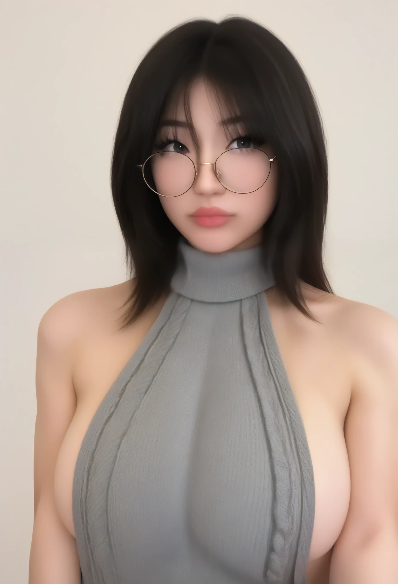 leelpipstan, yurasweb, big lips, lips, sexy lips, 1girl, solo, glasses, round eyewear, solo, realistic, lips, black eyes, buff, abs, upper body, virgin killer sweater, facing forward,