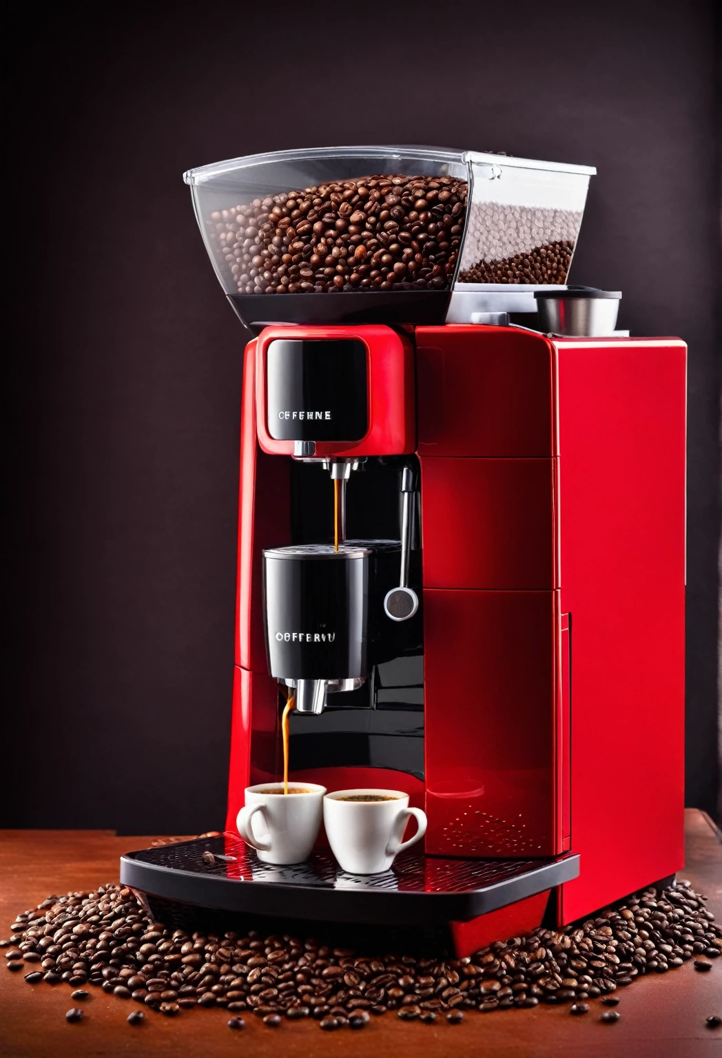 A red coffee machine with coffee beans, with a shot of coffee