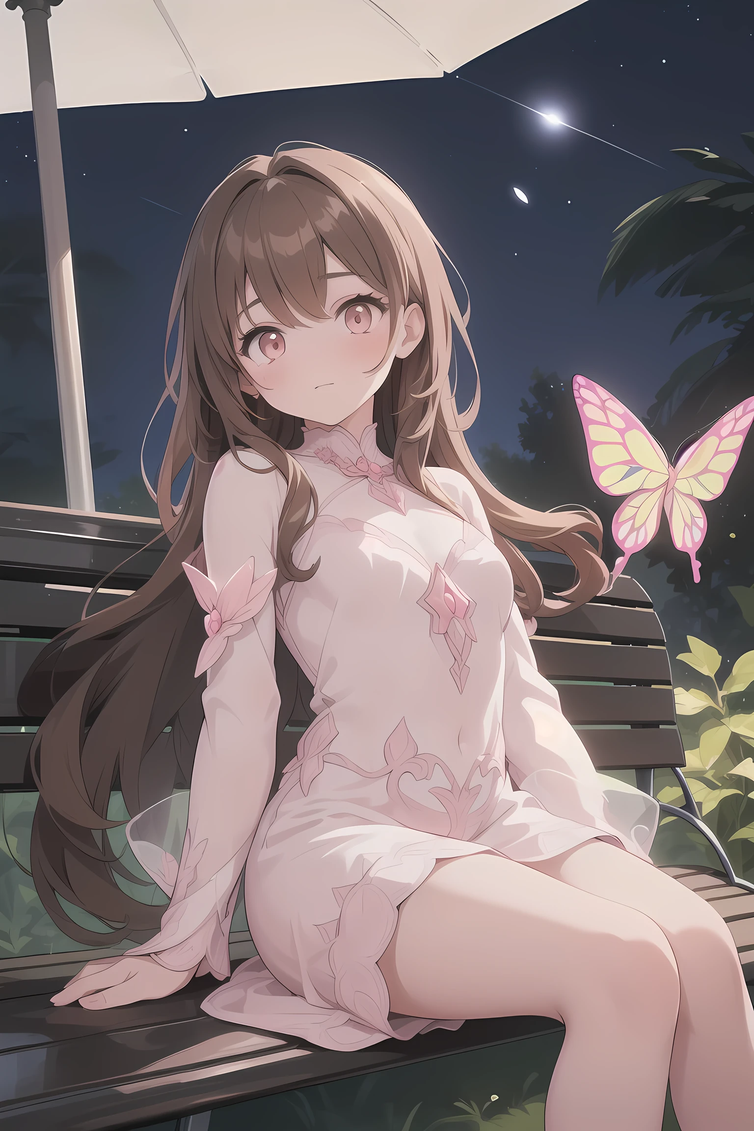 A (((girl with very long brown hair))), elegantly posed like a statue, sitting serenely on a (((bench))out front of her home, which is distinguished by its white color and luxurious decor, adorned with ((light pink)) details that glisten under the stars, accompanied by (glowing light pink) accents and fluttering (butterfies) that give off an ethereal glow

