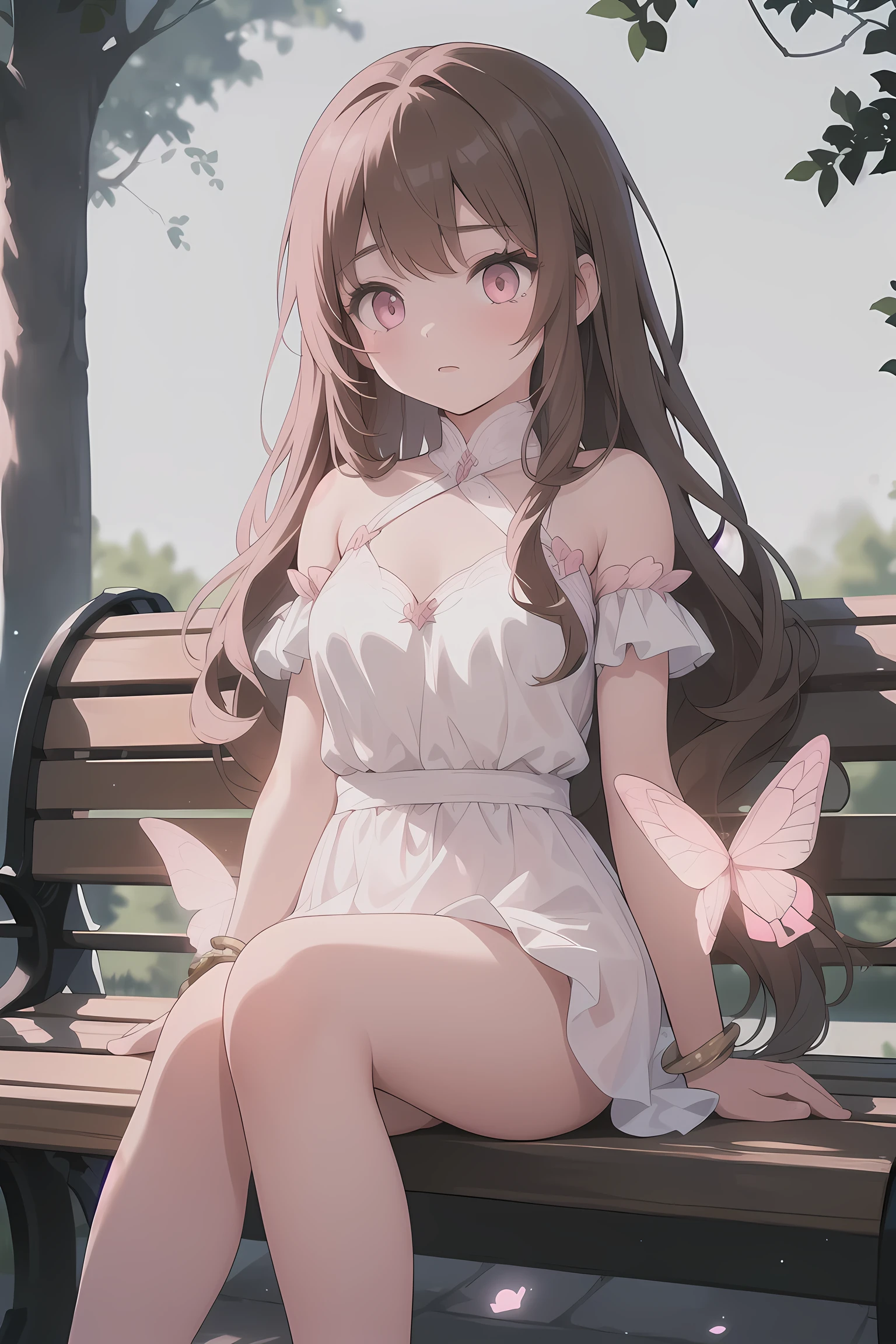 A (((girl with very long brown hair))), elegantly posed like a statue, sitting serenely on a (((bench))out front of her home, which is distinguished by its white color and luxurious decor, adorned with ((light pink)) details that glisten under the stars, accompanied by (glowing light pink) accents and fluttering (butterfies) that give off an ethereal glow

