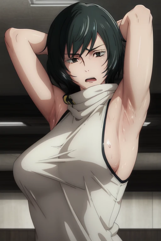 masterpiece, best quality, high quality, absurdres, indoors, Mai, turtleneck, sleeveless,  put your hands behind your head, armpits, armpits visible, sweaty armpits,