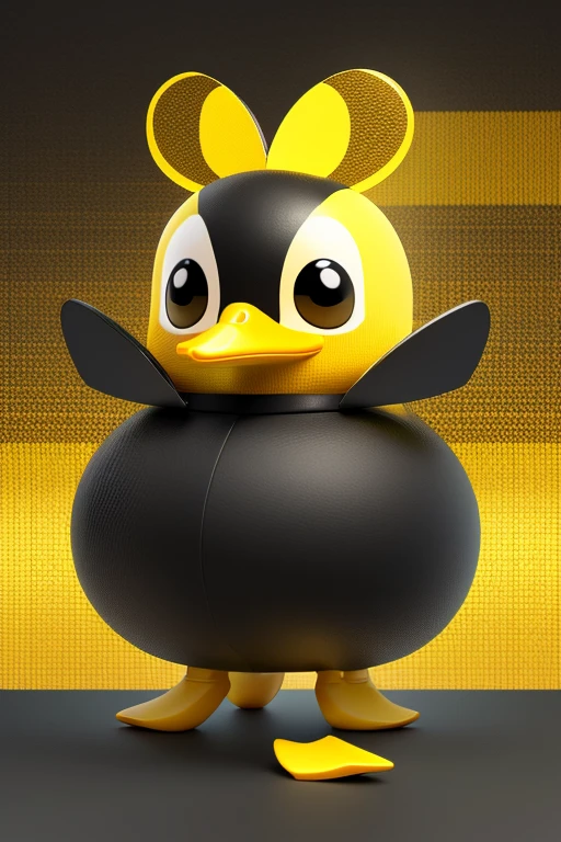 create an image of a beautiful baby duck dressed as a bee in black and yellow colors in PixelAr format. put the name: "Patytos de Layme" in 3D