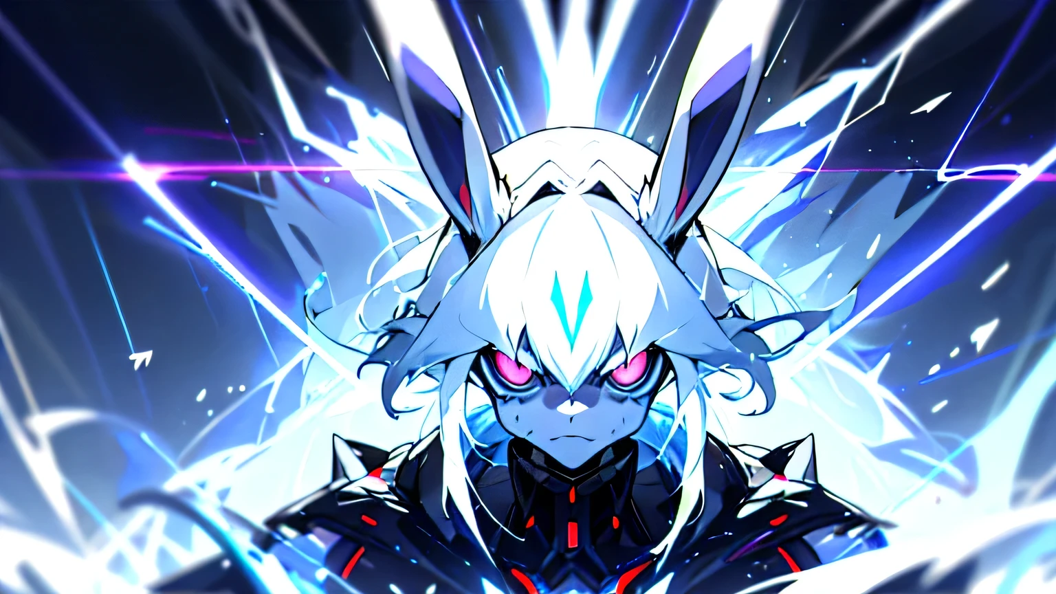 Request: Please create a fanart image of a non-human, fearless rabbit in English. Incorporate the following elements: detailed lighting and thunder, glowing with power, an epic anime portrayal of an energy bunny amidst an electric storm. Ensure the artwork captures intense lighting and presents a full portrait of the electromancer rabbit. Emphasize a menacing demeanor with the descriptors "menacing!" and "menacing!!!" Consider the theme of electric wallpaper and include elements such as laser wip, rabbit warrior, and electrifying effects. The rabbit's face should be blacked out, with glowing eyes.