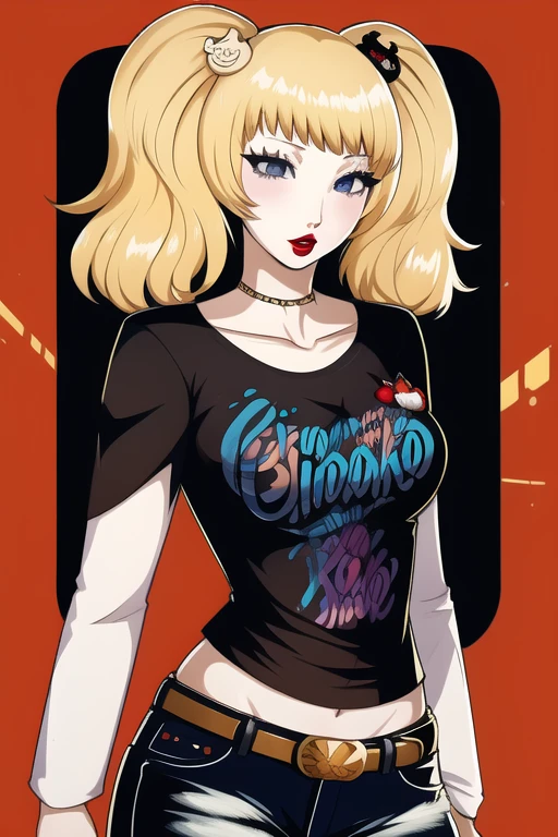 1girl, strawberry blonde hair, blonde hair, JunkoDG, solo, standing, black t-shirt, white shirt, blue jeans, belt, lipstick, large breasts