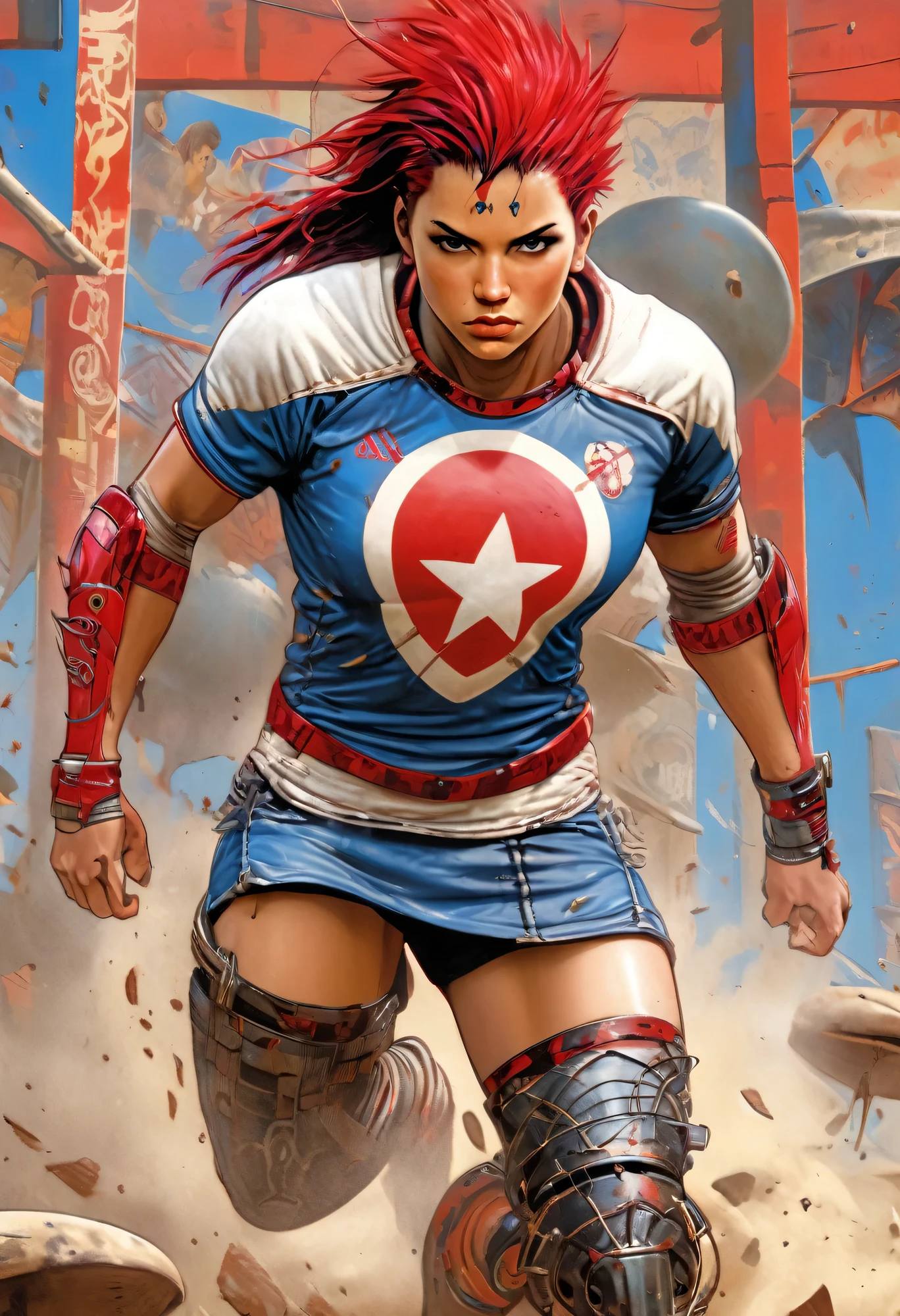 CG K ultrarrealista ,((de primera calidad、8k、32K、Obra maestra、nffsw:1.3)), (superfine illustration)、(super high resolution), (((cuerpo adulto))), (((1 chica en))), ((( bob de pelo corto ))), 25 year old cyberpunk gladiator with perfect body, Hombreras con espinas de metal., Gladiadores in Brooklyn, (( bob de pelo corto )), Camiseta del equipo de rugby rota, Casi desnudo al estilo urbano salvaje de Simon Bisley, pelo rubio corto, ropa minima, Metallic protection on the left arm with complex graphics..., Rojo oscuro con estrellas blancas y rayas azules y blancas.,(( dynamic action pose:1.5)), armadura, Lleno de puntas y remaches., Tatuaje de veneno (((Imagen desde la rodilla hacia arriba))), pelo rubio blanco corto, En el fondo、 There is a wall with an intricate design painted by Shepard Fairey...