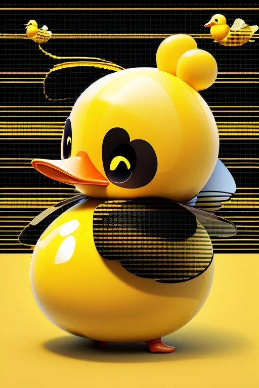 create an image of a beautiful baby duck dressed as a bee with lines in black and yellow colors in PixelAr format. put the name: "Patytos de Layme" in 3D